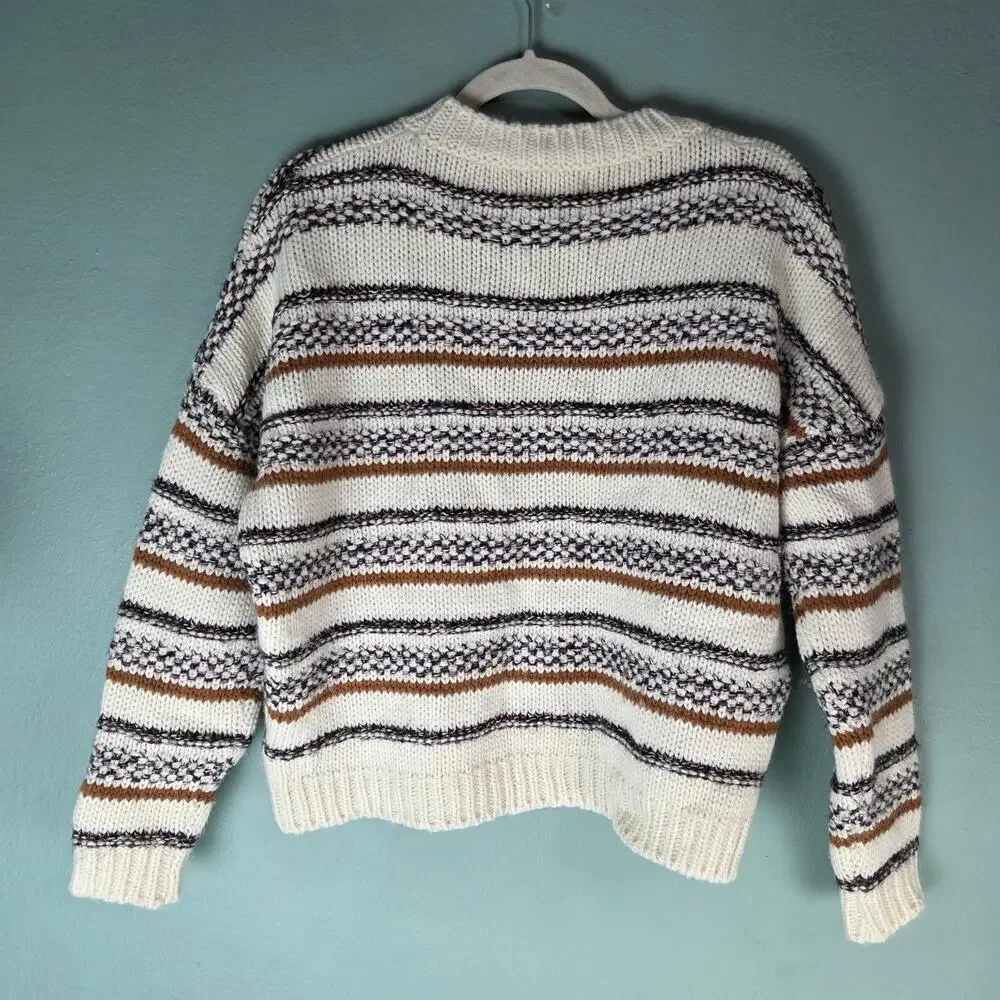 Elsamanda Sweater Womens S Cream Wool Alpaca Blend Striped Chunky Knit Pullover